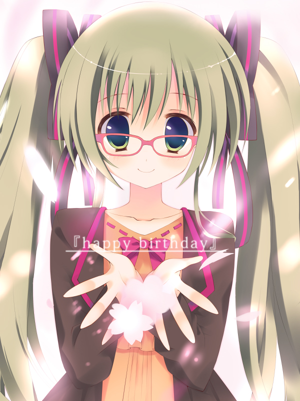 bespectacled glasses green_eyes green_hair happy_birthday hatsune_miku long_hair minase_kaya smile solo twintails vocaloid