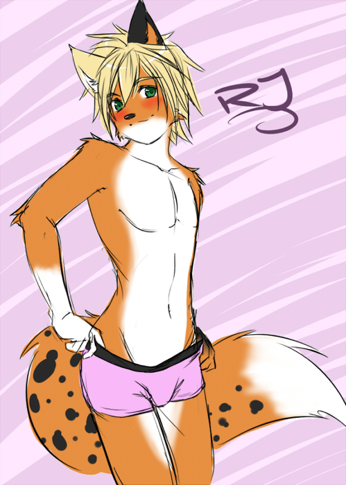 blush boxers briefs canine fox looking_at_viewer male mammal pink_clothing pinup pose rjpoofy solo spots teasing tehstupidbug underwear