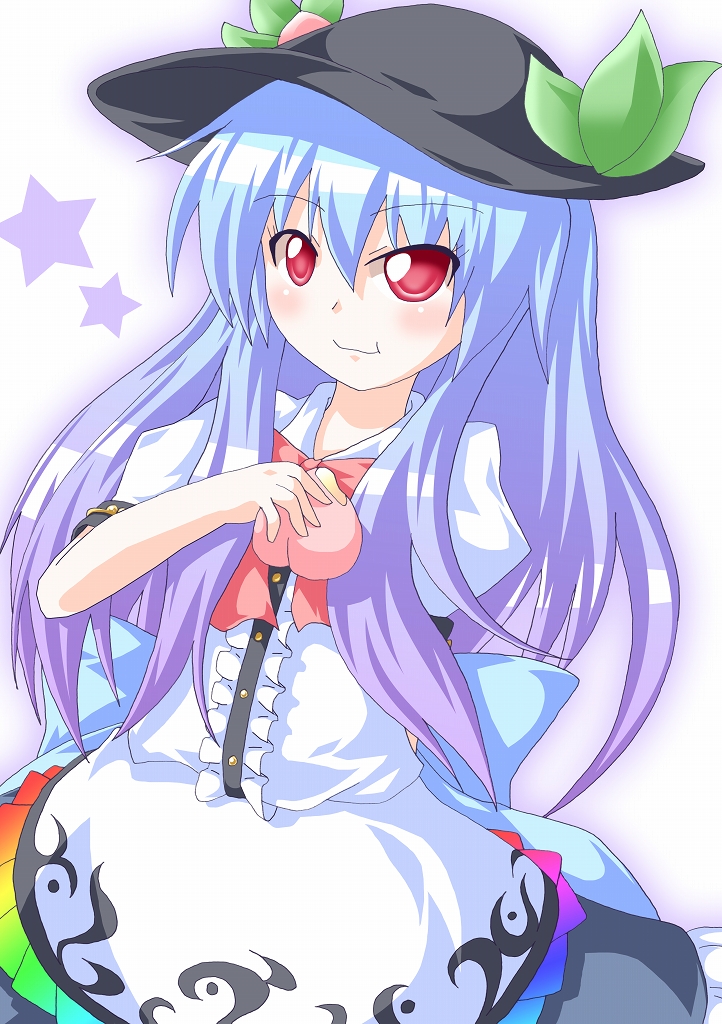 :t arm_behind_back blue_hair center_frills commentary_request eating food fruit hat hinanawi_tenshi holding kagerou_(kers) long_hair peach rainbow_gradient red_eyes solo star touhou