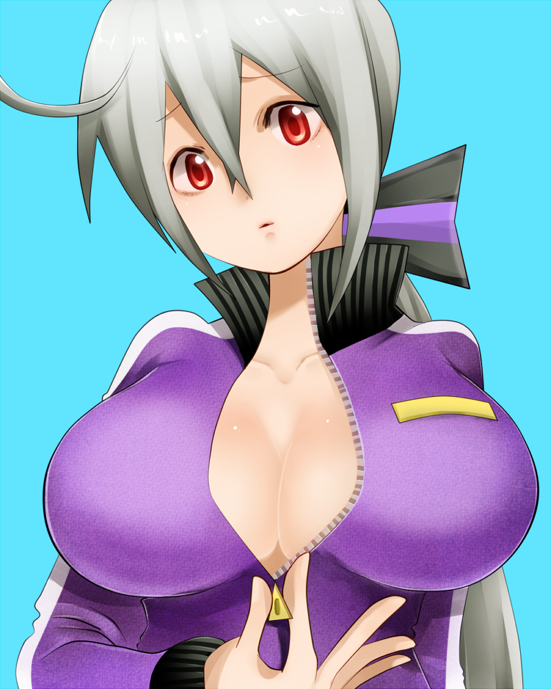 breasts cleavage grey_hair huge_breasts long_hair looking_at_viewer noboes red_eyes silver_hair simple_background solo unzipped vocaloid yowane_haku
