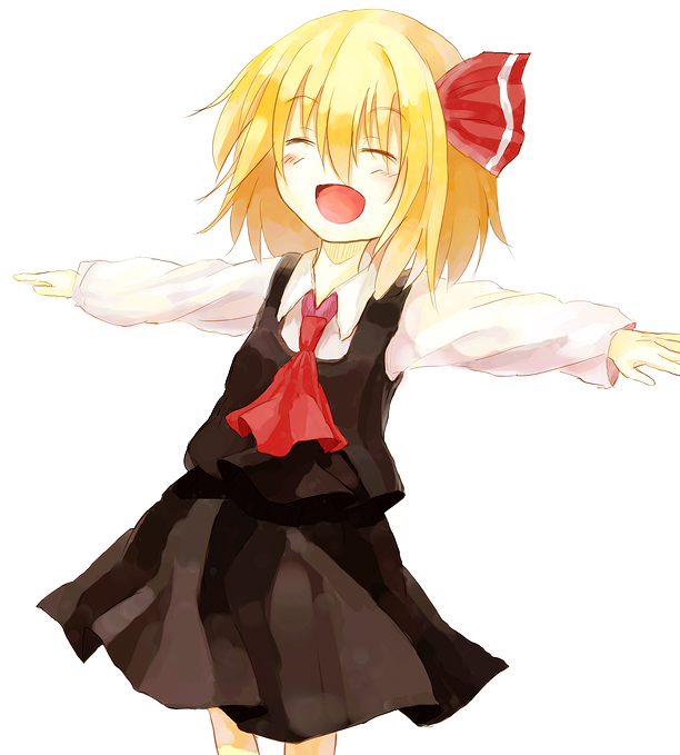 ^_^ bad_id bad_pixiv_id closed_eyes hair_between_eyes kashii_(amoranorem) open_mouth outstretched_arms rumia smile solo spread_arms touhou white_background