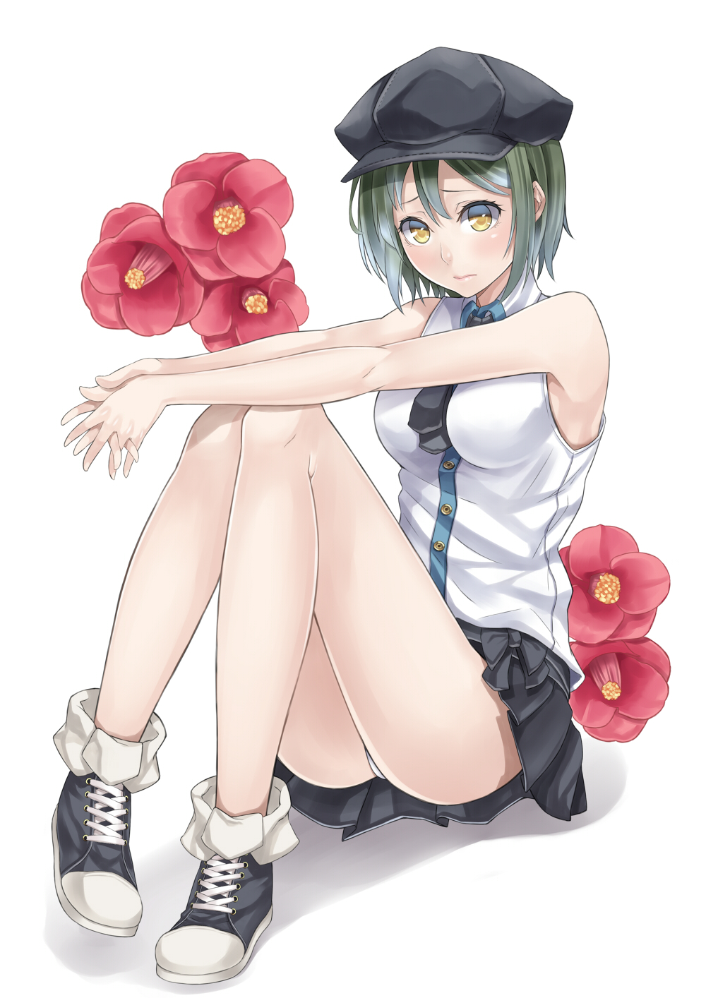 blush cabbie_hat camellia floral_background flower full_body green_hair hat highres knees_up miniskirt original outstretched_arms panties pantyshot pantyshot_(sitting) pleated_skirt ray-akila shirt short_hair simple_background sitting skirt sleeveless sleeveless_shirt solo underwear white_background white_panties yellow_eyes
