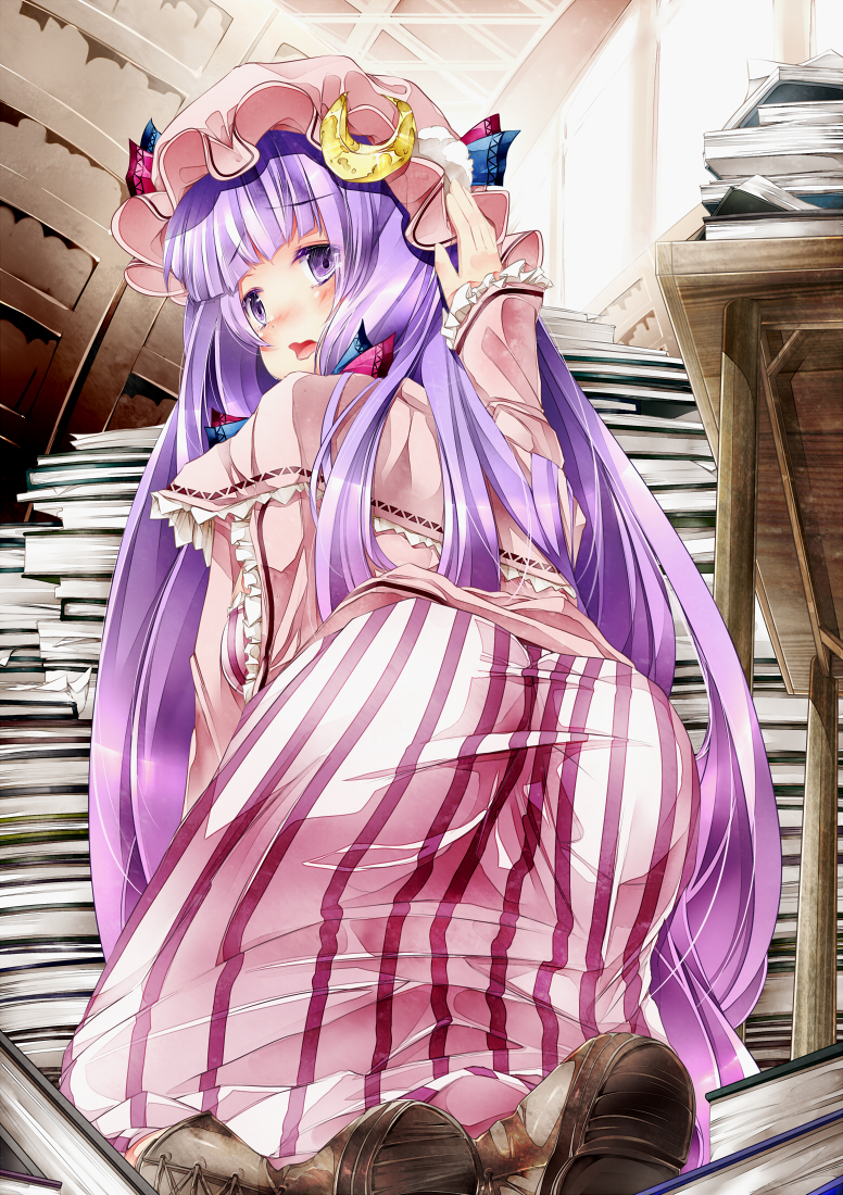 ass blush book bookshelf boots capelet crescent cross-laced_footwear from_behind hat indoors kneeling lace-up_boots library long_hair looking_back open_mouth patchouli_knowledge purple_eyes purple_hair solo sugiyuu touhou very_long_hair voile wavy_mouth