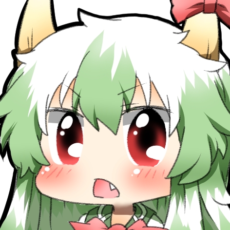blush bow ex-keine fang green_hair horns kamishirasawa_keine long_hair lowres open_mouth rebecca_(keinelove) red_eyes solo touhou