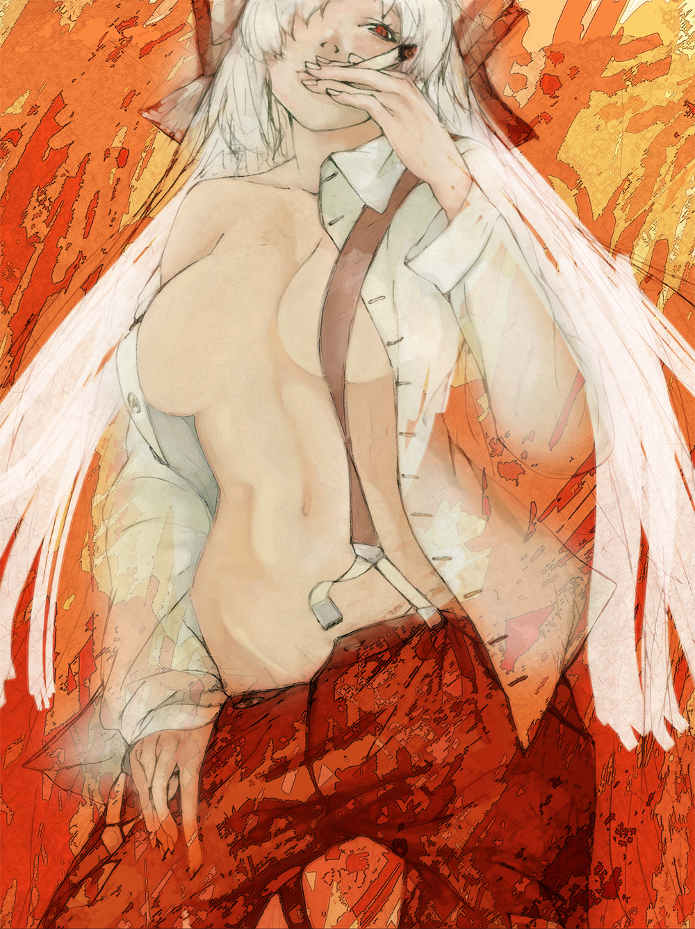 bow breasts cigarette cowboy_shot dress_shirt fujiwara_no_mokou groin hair_bow hair_over_one_eye highres large_breasts long_hair navel nishiokissa open_clothes open_shirt pants pants_pull pulled_by_self red_eyes shirt sketch smoking solo suspenders touhou white_hair