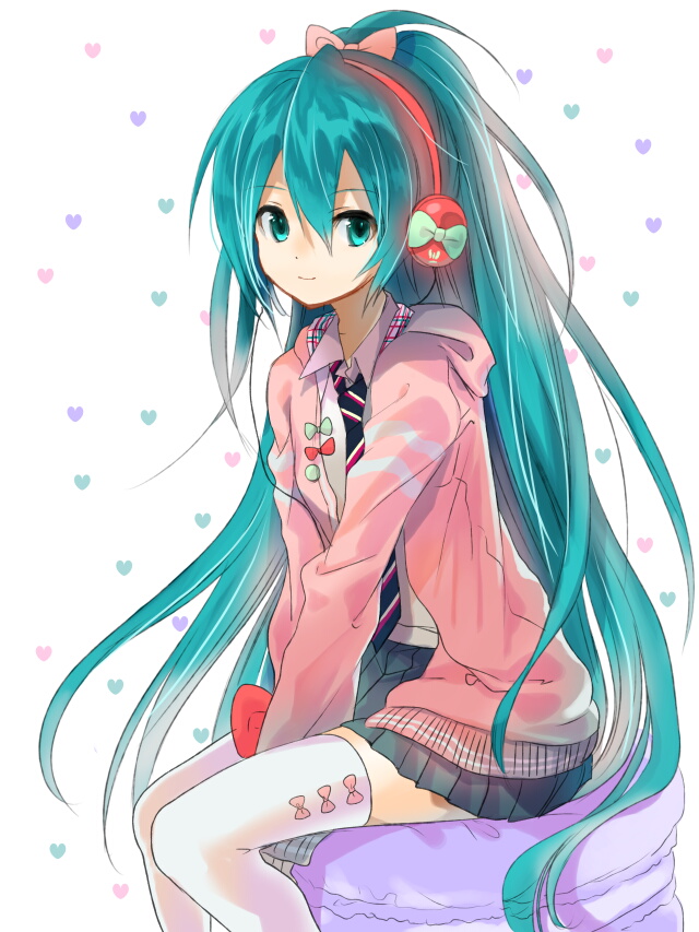alternate_hairstyle aqua_eyes aqua_hair bow hair_bow hatsune_miku hayama_eishi headphones hood hoodie long_hair looking_at_viewer open_clothes open_hoodie ponytail project_diva_(series) project_diva_f ribbon_girl_(module) sitting skirt smile solo thighhighs very_long_hair vocaloid zettai_ryouiki