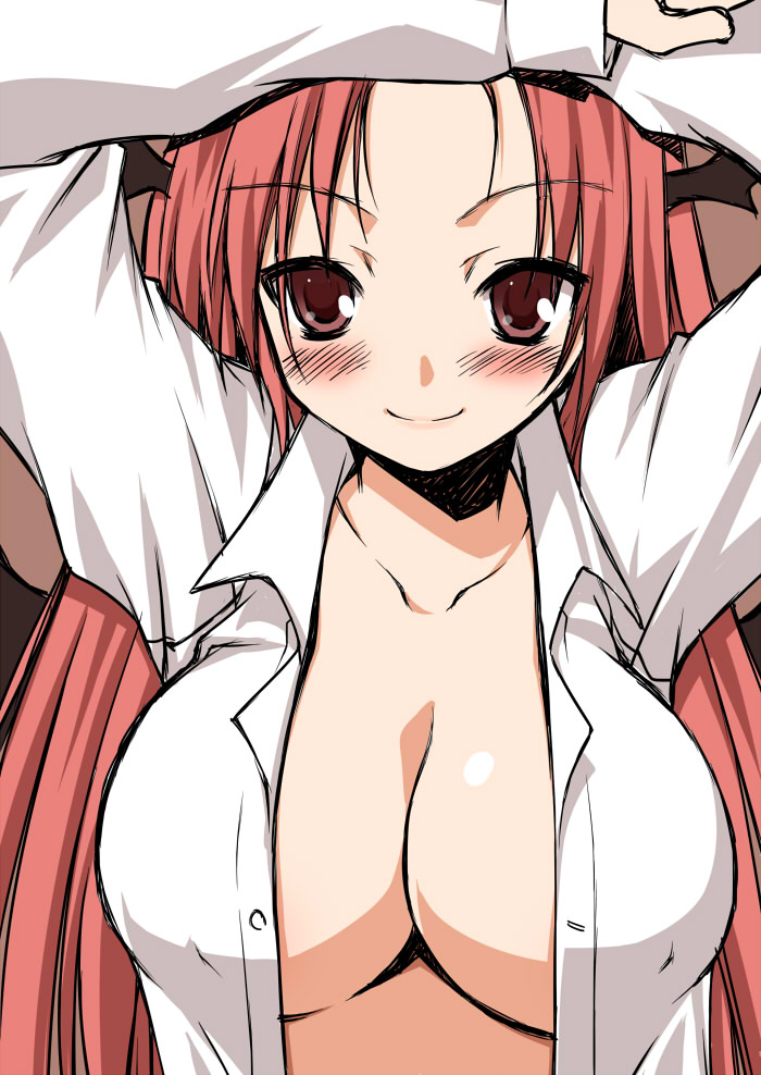 akou_roushi arms_up blush breasts cleavage close-up closed_mouth collarbone dress_shirt face head_wings koakuma large_breasts long_hair no_bra open_clothes open_shirt red_eyes red_hair shirt smile solo touhou upper_body