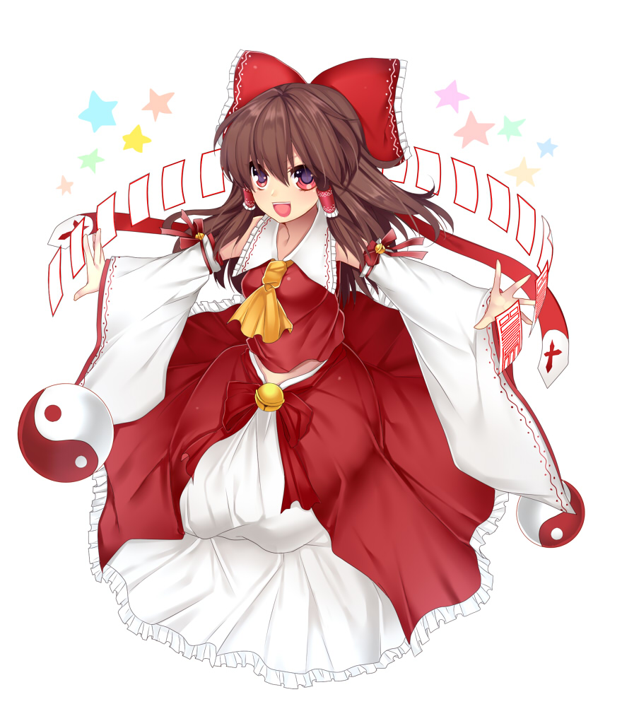 :d ascot bad_id bad_pixiv_id bare_shoulders brown_hair detached_sleeves hair_tubes hakurei_reimu long_hair mi_(liki1020) open_mouth outstretched_arms red_eyes smile solo star touhou yin_yang