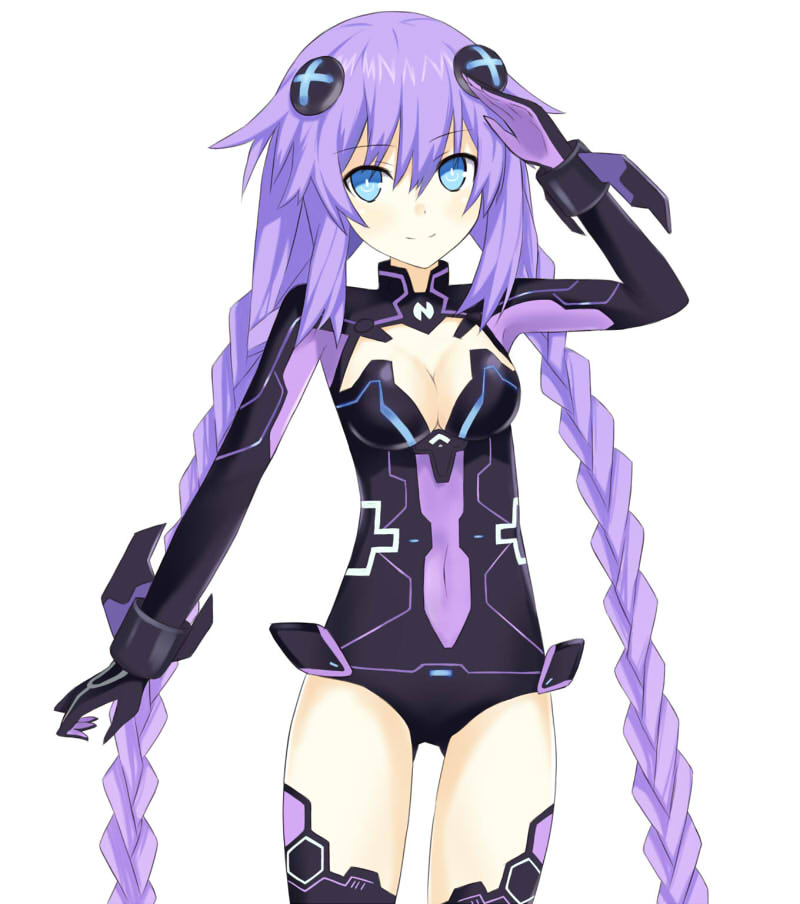 armpits attenatten bangs black_legwear braid breasts cleavage cleavage_cutout covered_navel cowboy_shot emblem flipped_hair gloves hair_between_eyes hair_ornament hand_up heart leotard light_smile long_hair looking_at_viewer magical_girl medium_breasts neptune_(series) power_symbol purple_eyes purple_hair purple_heart salute sidelocks simple_background smile solo symbol-shaped_pupils thighhighs turtleneck twin_braids vambraces very_long_hair white_background