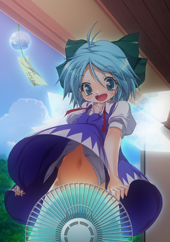 blue_dress blue_eyes blue_hair blue_sky bow censored cirno cloud convenient_censoring day dress electric_fan fanning_crotch from_below hair_bow midriff millipen_(medium) navel no_panties open_mouth puffy_sleeves shirt short_hair short_sleeves sky solo touhou traditional_media upskirt utage_nicholas wind wind_chime wind_lift wings