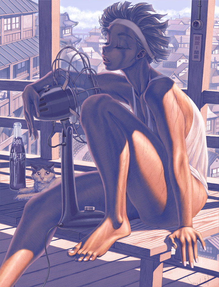 arm_support barefoot bottle bottomless cat cityscape closed_eyes cloud coca-cola dark_skin electric_fan fan fanning_face feet headband knee_up open_mouth original same_(carcharodon) sepia shade short_hair signature sitting sky solo sunlight sweat town wind wooden_floor