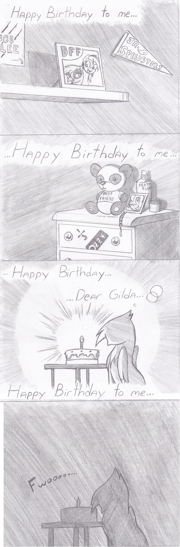 birthday birthday_cake cake candle comic english_text equine female feral fire food friendship_is_magic gilda_(mlp) greyscale gryphon horse inside joey-darkmeat mammal monochrome my_little_pony pencils photo plushie pony poster rainbow_dash_(mlp) sad singing solo table text wings wood