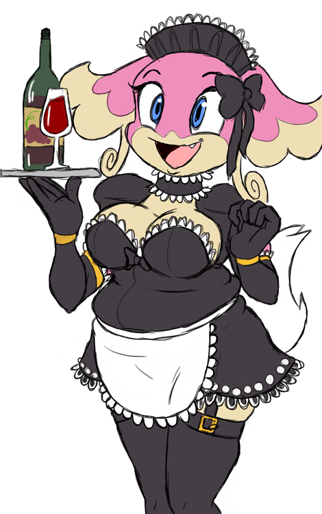 alcohol audino beverage blue_eyes breasts chubby cleavage clothed clothing fangs female fruit grapes looking_at_viewer maid maid_uniform nintendo plain_background pok&#233;mon pok&eacute;mon teckworks video_games white_background wine wine_glass