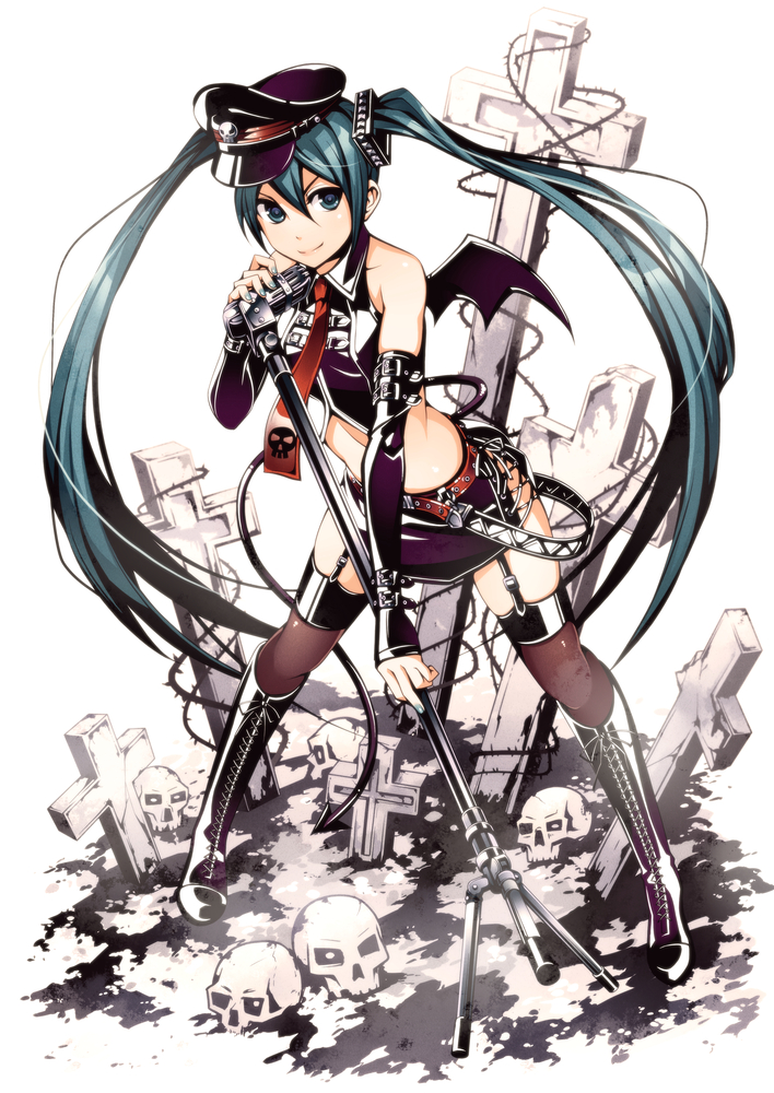 bat_wings boots green_eyes green_hair hat hatsune_miku long_hair looking_at_viewer microphone microphone_stand peaked_cap skirt smile solo thighhighs torigoe_takumi twintails very_long_hair vintage_microphone vocaloid wings