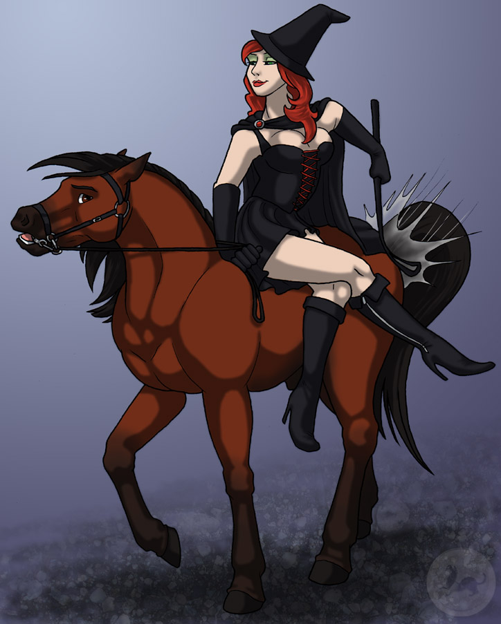 breasts brown_eyes brown_fur clothed clothing crop duo equine female feral fur green_eyes hair hat hooves horse human light_skin magic_user male mammal mane red_hair reigns riding riding_crop riding_sidesaddle sabretoothed_ermine skimpy spanking transformation witch witch_hat