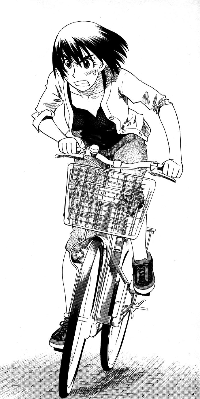 artist_request ayase_fuuka bangs bicycle bicycle_basket capri_pants clenched_teeth eyebrows greyscale ground_vehicle highres jacket looking_afar monochrome no_socks open_clothes open_jacket pants pavement riding shoes short_hair sleeves_pushed_up sneakers solo sweat teeth thick_eyebrows unbuttoned yotsubato!
