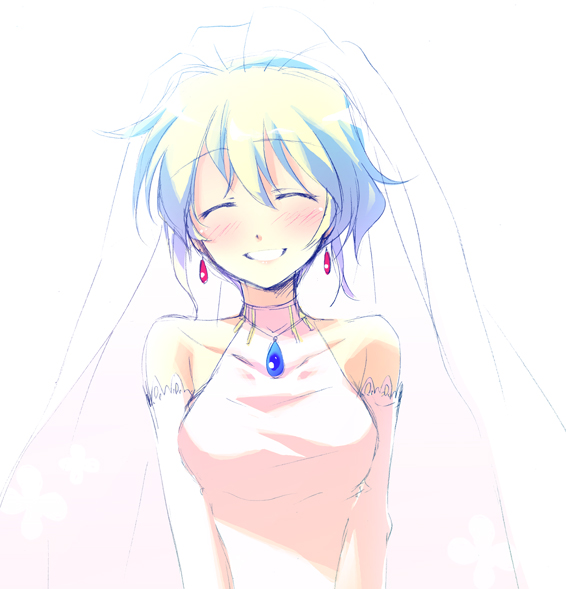 ^_^ bare_shoulders blonde_hair blush bridal_veil bride closed_eyes dress earrings grin halterneck jewelry motomiya_mitsuki nia_teppelin short_hair smile solo tengen_toppa_gurren_lagann veil wedding_dress