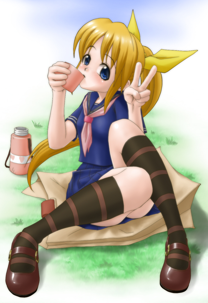 artist_request blonde_hair blue_eyes blush drink hana_(pangya) long_hair pangya ponytail ribbon socks solo