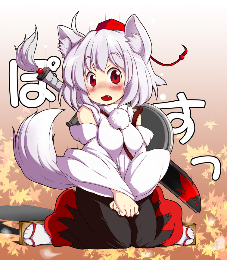 animal_ears bare_shoulders blush detached_sleeves hat inubashiri_momiji looking_at_viewer red_eyes scabbard sheath sheathed shield short_hair silver_hair sitting solo sword tail tanasuke tokin_hat touhou weapon wide_sleeves wolf_ears wolf_tail