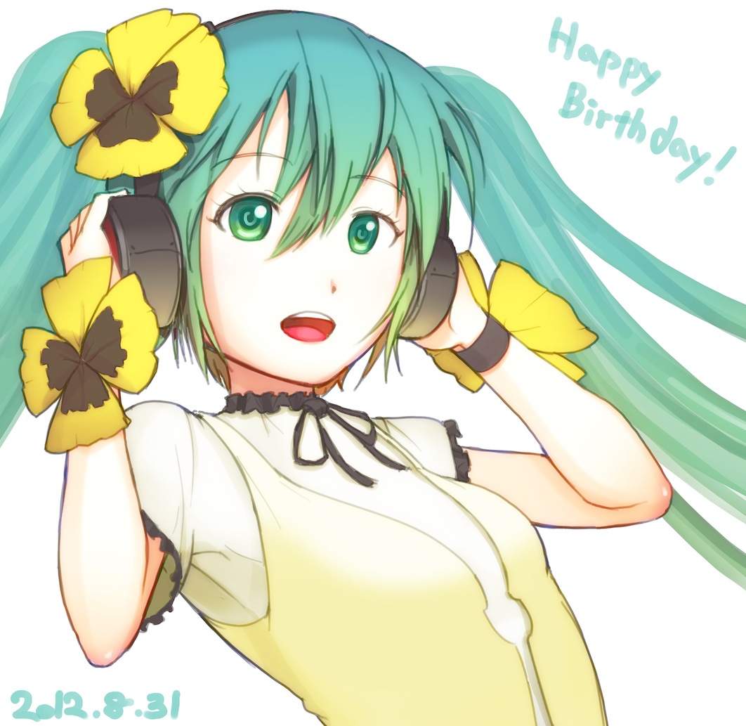 2012 dated flower green_eyes green_hair happy_birthday hatsune_miku headphones long_hair looking_at_viewer open_mouth pansy project_diva_(series) project_diva_f simple_background solo tohogaeru twintails vocaloid weekender_girl_(vocaloid) white_background