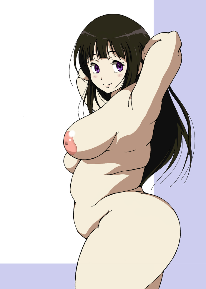 1girl areolae arms_behind_head breasts brown_hair chitanda_eru eleven(pixiv3341011) eleven929rr fat female hands_behind_head hyouka large_areolae large_breasts long_hair looking_back nipples nude profile purple_eyes solo standing