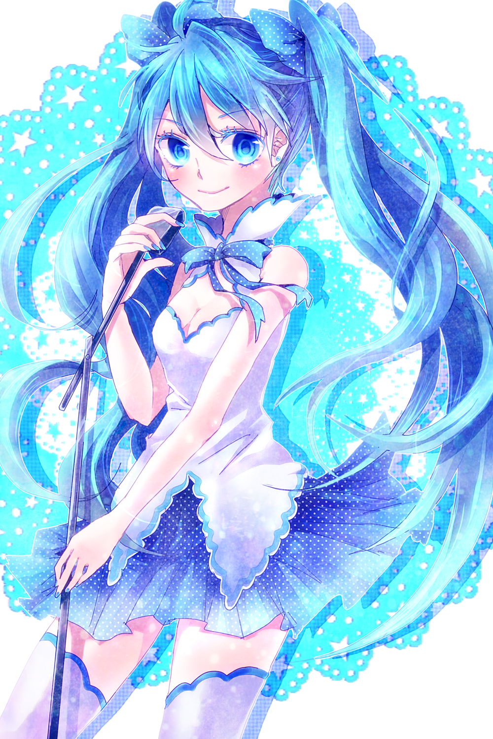 aqua_eyes aqua_hair bare_shoulders hatsune_miku highres long_hair looking_at_viewer microphone microphone_stand mumi_(mumie) smile solo thighhighs twintails very_long_hair vocaloid zettai_ryouiki