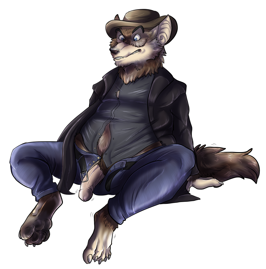 belt blue_eyes canine clothing coyote fur hat humanoid_penis jacket jeans looking_down male mammal paws penis plain_background posscat shirt sitting transformation transparent_background