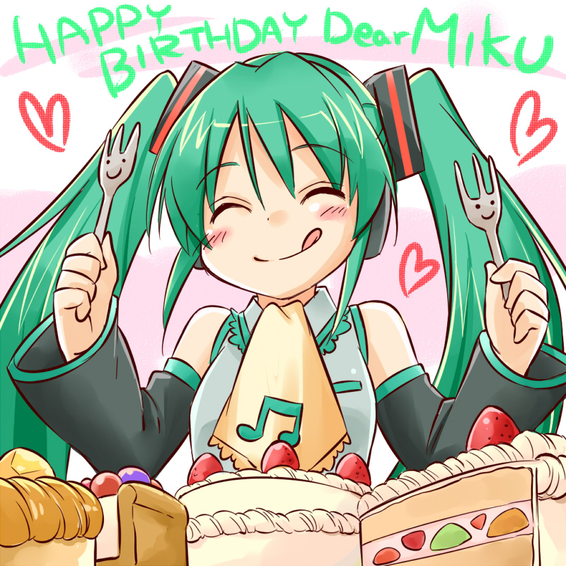 :q cake character_name closed_eyes detached_sleeves food fork green_hair happy_birthday hatsune_miku long_hair musical_note ruo_(cruzada) smile solo tongue tongue_out twintails vocaloid