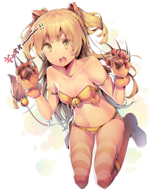animal_ears bare_shoulders blonde_hair collarbone dsmile green_eyes idolmaster idolmaster_cinderella_girls jougasaki_rika lion_ears lion_girl lion_tail long_hair open_mouth paws simple_background solo striped striped_legwear tail thighhighs translated two_side_up white_background