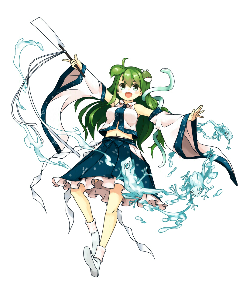 bad_id bad_pixiv_id detached_sleeves frog frog_hair_ornament gohei green_eyes green_hair hair_ornament iwao_(pixiv258710) kochiya_sanae long_hair navel open_mouth snake_hair_ornament solo touhou water white_background wide_sleeves