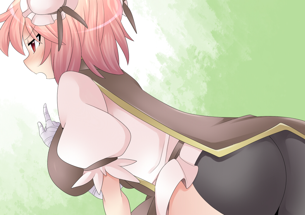 ass bad_id bad_pixiv_id bandages black_panties blush breasts commentary double_bun finger_wagging hammer_(sunset_beach) hanging_breasts ibaraki_kasen large_breasts open_mouth panties pink_hair puffy_sleeves red_eyes scolding shirt short_hair short_sleeves solo tabard touhou underwear
