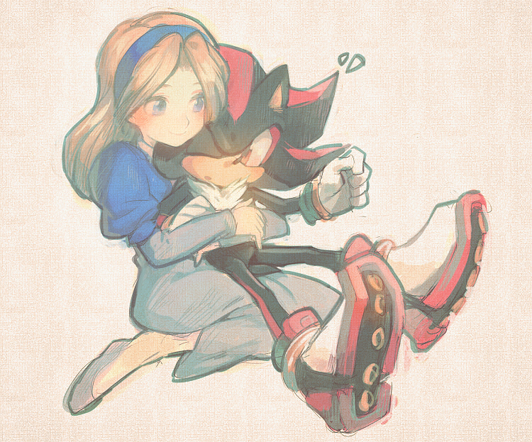 aoki_(fumomo) bad_id bad_pixiv_id blonde_hair blue_eyes furry hairband hug hug_from_behind layered_sleeves maria_robotnik shadow_the_hedgehog sitting skirt sonic_the_hedgehog