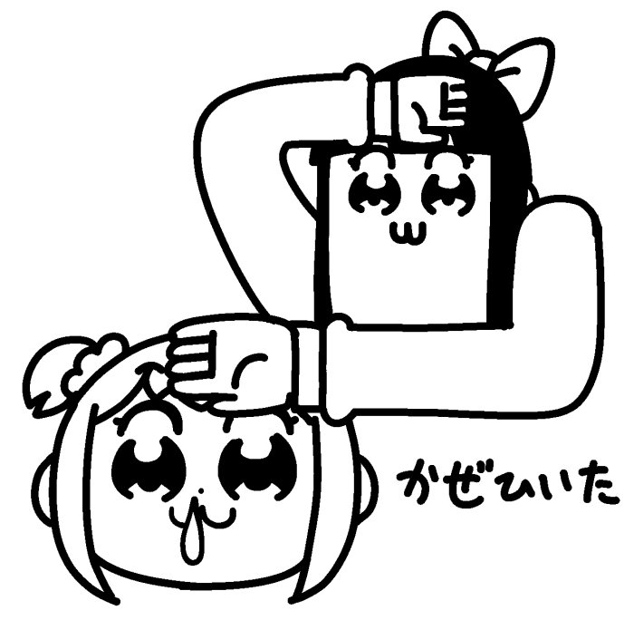 2girls :3 bangs bkub blunt_bangs bow commentary eyebrows_visible_through_hair greyscale hair_bow hair_ornament hair_scrunchie hand_over_face long_hair looking_at_viewer monochrome multiple_girls pipimi poptepipic popuko scrunchie short_hair short_twintails sidelocks simple_background snot_trail translation_request twintails two_side_up white_background