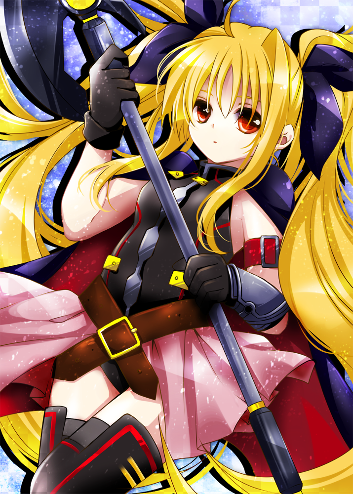 ahoge arm_strap armor asymmetrical_gloves bangs bardiche belt black_gloves black_legwear blonde_hair breasts buckle cape checkered checkered_background cowboy_shot dutch_angle fate_testarossa floating_hair gloves hair_ribbon halberd halterneck holding holding_weapon leotard long_hair looking_at_viewer loose_belt lyrical_nanoha magical_girl mahou_shoujo_lyrical_nanoha mahou_shoujo_lyrical_nanoha_a's mahou_shoujo_lyrical_nanoha_the_movie_2nd_a's manabu miniskirt parted_lips pleated_skirt polearm red_eyes ribbon shadow showgirl_skirt sidelocks skirt small_breasts solo thighhighs turtleneck twintails vambraces very_long_hair weapon