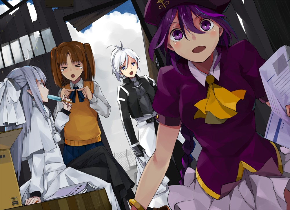 &gt;_&lt; :d :o ascot back_alley_alliance brown_hair closed_eyes cloud collar day food half_updo indoors looking_at_viewer masin0201 melty_blood multiple_girls open_mouth pointy_ears popsicle puffy_short_sleeves puffy_sleeves purple_eyes purple_hair red_eyes riesbyfe_stridberg short_sleeves sion_eltnam_atlasia smile sweater_vest tears tsukihime type-moon white_hair white_len yumizuka_satsuki