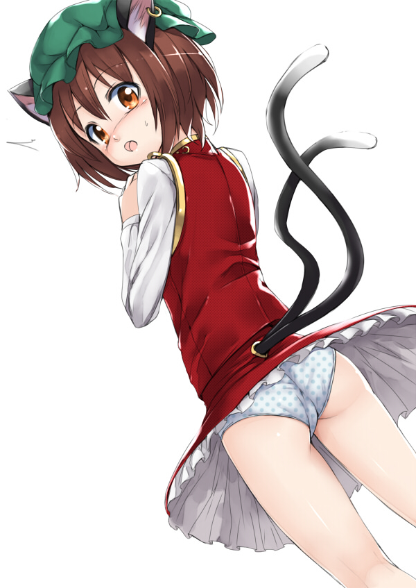 :o animal_ears ass brown_hair cat_ears cat_tail chen earrings from_behind hat jewelry multiple_tails panties polka_dot polka_dot_panties short_hair simple_background single_earring solo tail takemori_shintarou touhou underwear white_background