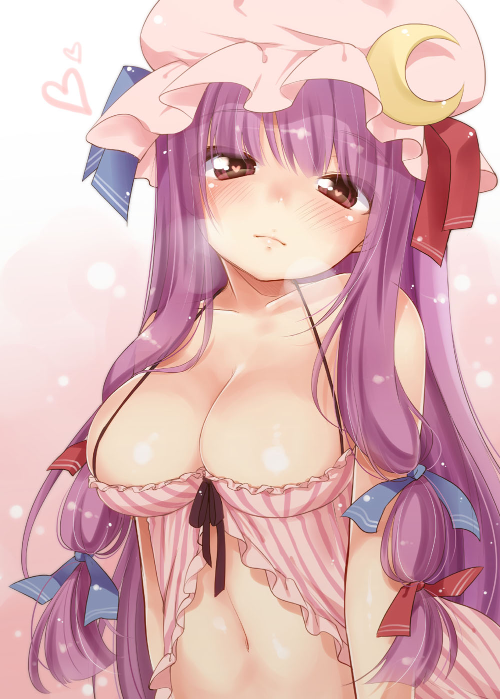 babydoll blush bow breasts breath cleavage crescent hair_bow hair_ribbon hat heart heart-shaped_pupils highres large_breasts light_smile long_hair navel patchouli_knowledge purple_eyes purple_hair red_eyes ribbon smile solo striped symbol-shaped_pupils touhou very_long_hair yukiu_kon