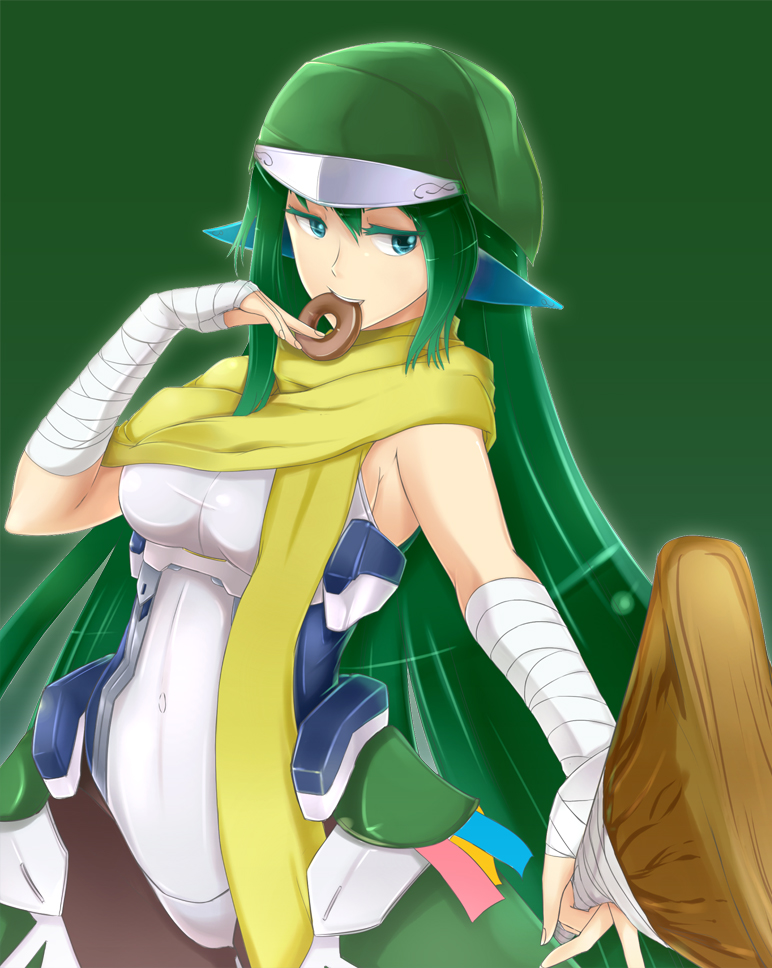 bandages blue_eyes bodysuit breasts broom ear_covers grace_o'malley green green_background green_hair hat kyoukaisenjou_no_horizon large_breasts long_hair pantyhose pointy_ears scarf solo srkh