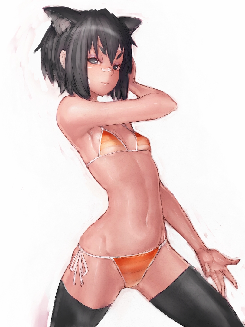 animal_ears bandaid bandaid_on_nose bikini black_eyes black_hair black_legwear extra_ears eyeshadow flat_chest fumio_(rsqkr) hikimayu makeup navel phantasy_star phantasy_star_online_2 short_hair side-tie_bikini sketch solo swimsuit thighhighs white_background