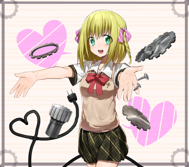blonde_hair blush braid cross erubo fiona_hargreaves gears green_eyes heart heart-shaped_pupils open_mouth original outstretched_arms plaid plaid_skirt plug school_uniform short_hair short_sleeves side_braid single_braid skirt solo sweater_vest symbol-shaped_pupils