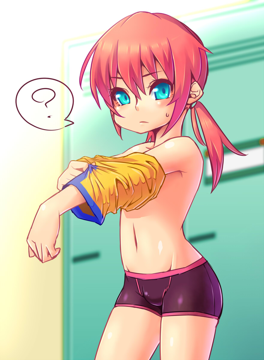 ? bad_id bad_pixiv_id black_briefs blue_eyes briefs bulge cowboy_shot edging_briefs highres inazuma_eleven_(series) inazuma_eleven_go kirino_ranmaru long_hair male_focus navel otoko_no_ko pink_hair soccer_uniform solo sportswear springpoppy sweat twintails underwear undressing