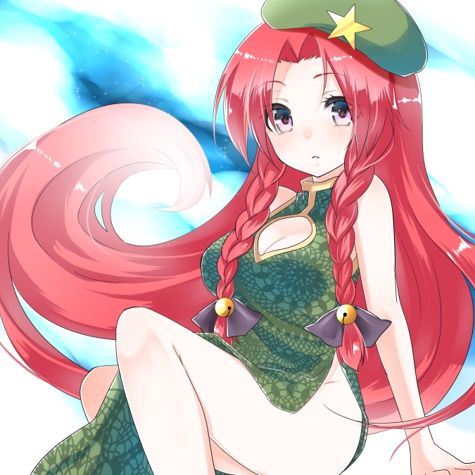 asa_(coco) bad_id bad_pixiv_id braid breasts china_dress chinese_clothes cleavage_cutout dress hat hong_meiling large_breasts long_hair looking_at_viewer purple_eyes red_hair solo star touhou twin_braids