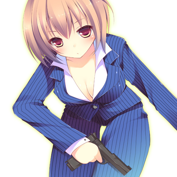 bad_id bad_pixiv_id blush breasts brown_hair cleavage gun handgun holding izumiyuhina large_breasts original red_eyes short_hair simple_background solo striped vertical_stripes weapon white_background
