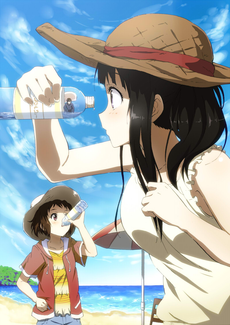 2girls beach black_hair bottle brown_hair chitanda_eru day delf drinking hat hyouka ibara_mayaka long_hair miniboy multiple_girls ocean oreki_houtarou outdoors purple_eyes red_eyes short_hair sleeveless straw_hat sun_hat water