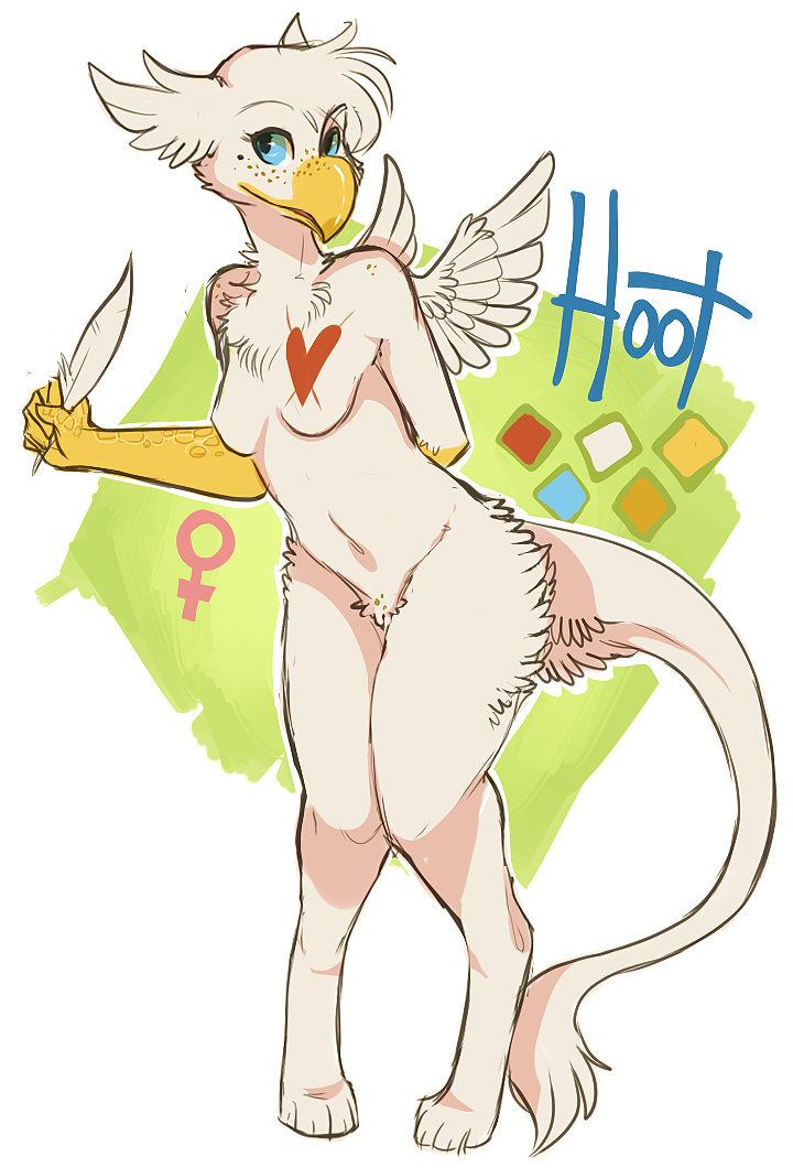 beak blue_eyes cute feather female freckles gryphon hoot hoot_(character) nude solo wings