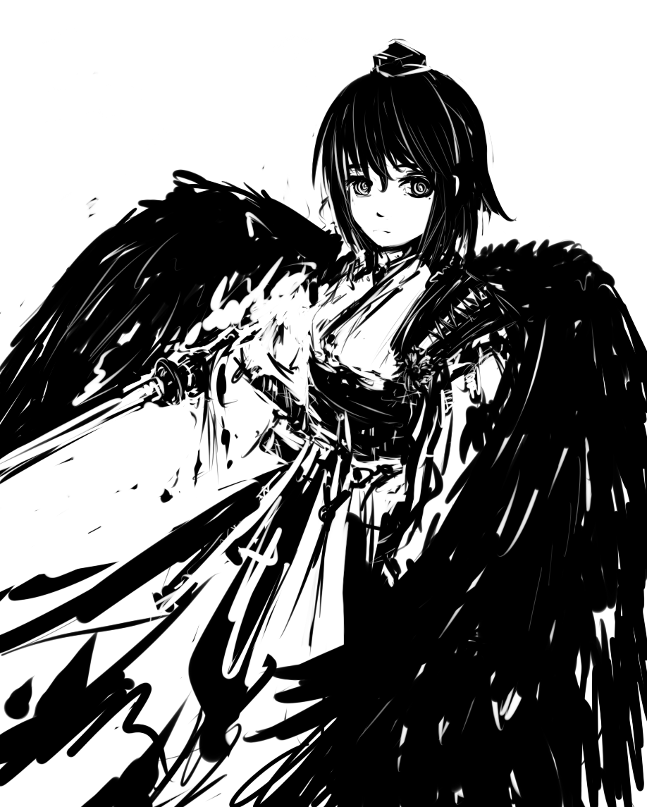 expressionless greyscale hat japanese_clothes kimono looking_at_viewer merpperoni monochrome shameimaru_aya solo sword touhou weapon wings