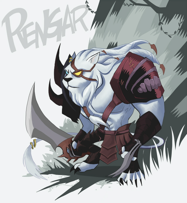 blade blue_eyes character_name claw_(weapon) earrings eyepatch inkinesss jewelry league_of_legends mane no_humans rengar shoulder_pads solo strap tail weapon