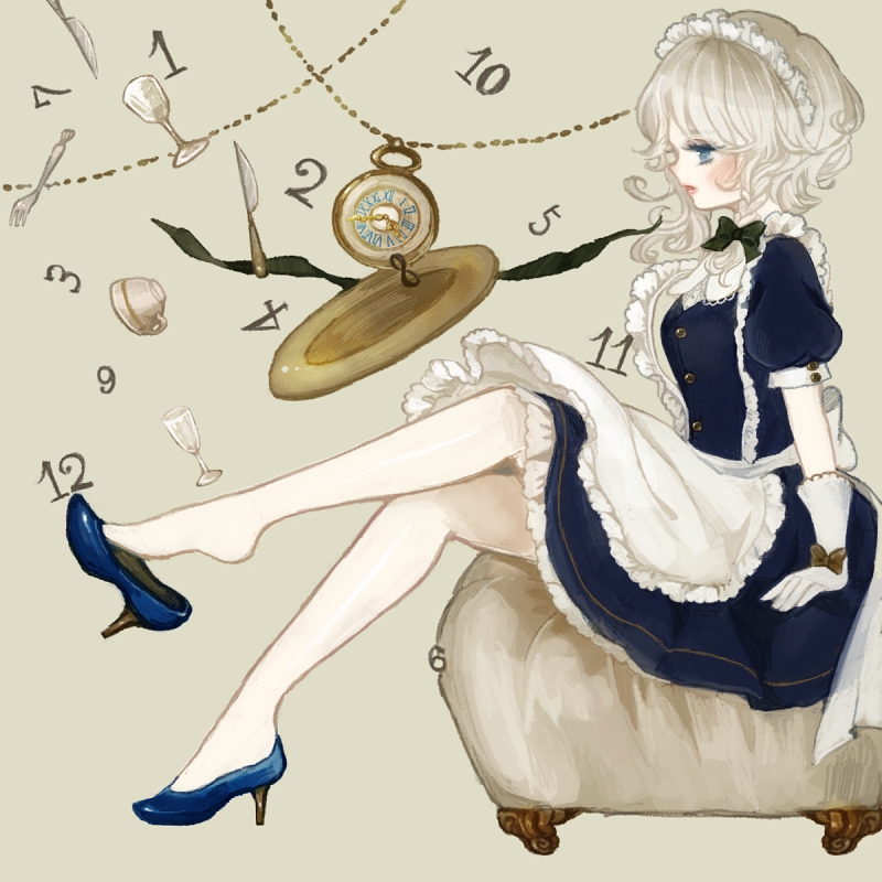 apron blue_eyes blue_skirt braid chair cup dish fork glass gloves high_heels izayoi_sakuya knife lips maid maid_headdress number open_mouth pocket_watch shoe_dangle shoes short_hair short_sleeves silver_hair sitting skirt solo touhou twin_braids watch yujup