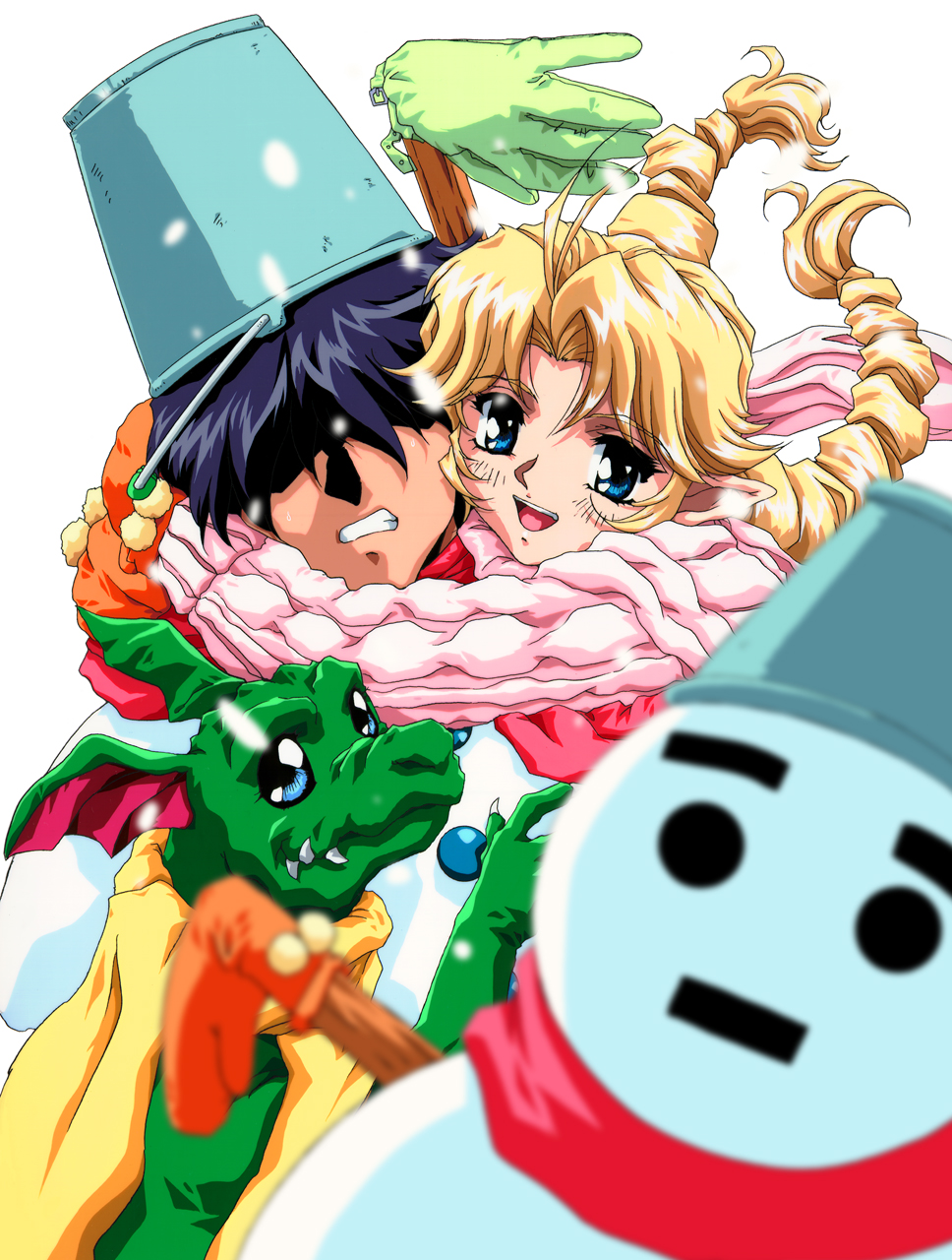 1girl 90s arima_takuya blonde_hair blue_eyes braid bucket bucket_on_head couple dragon hair_over_eyes hetero highres hug kono_yo_no_hate_de_koi_wo_utau_shoujo_yu-no mittens object_on_head pointy_ears scarf snow snowman sweater twin_braids winter_clothes yu-no