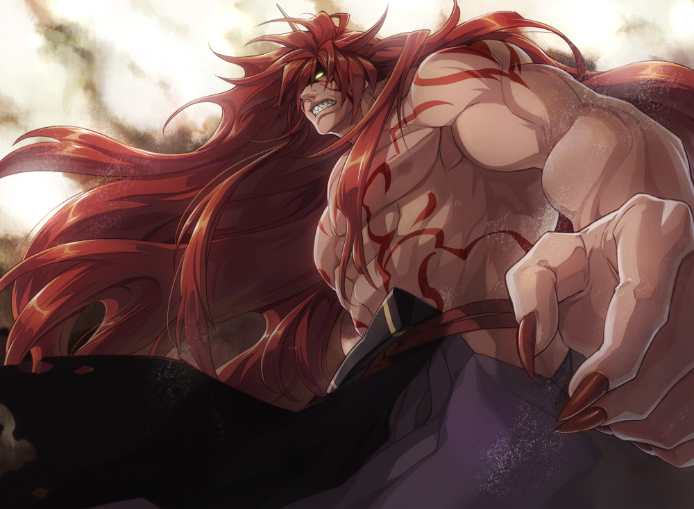 clenched_teeth hakama japanese_clothes kyousaku long_hair male_focus muscle mygrimoire purple_hakama red_hair satan_(mygrimoire) sharp_teeth shirtless solo tattoo teeth yellow_eyes